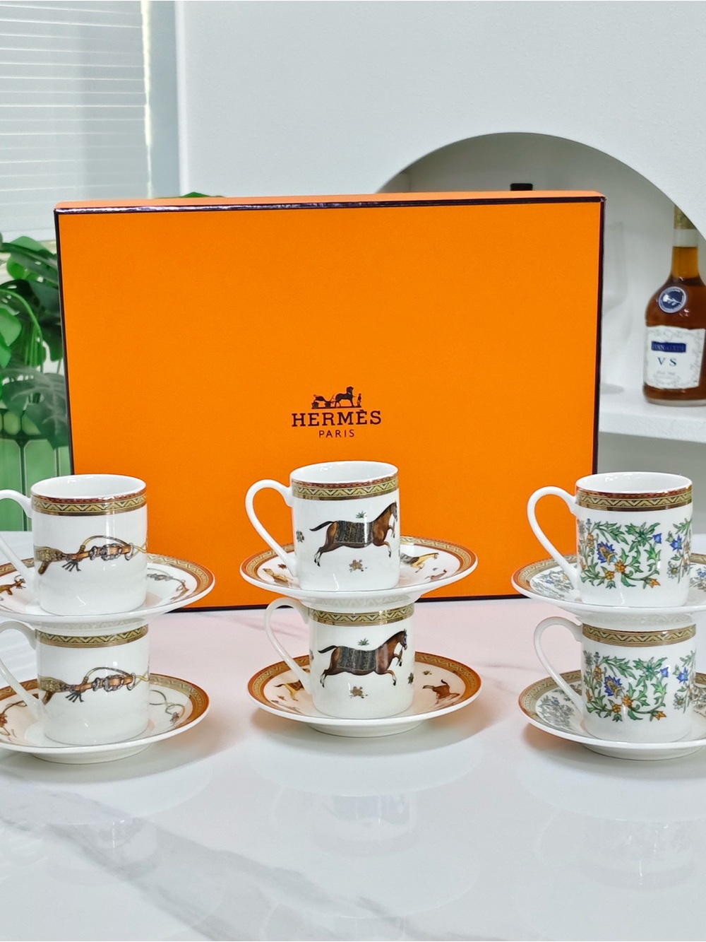 Hermes White and Gold Porcelain Espresso Cup & Saucer Set